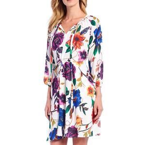 EUC Tahari Multicolor Floral 3/4 Sleeve Drawstring Waist Dress. Size M.